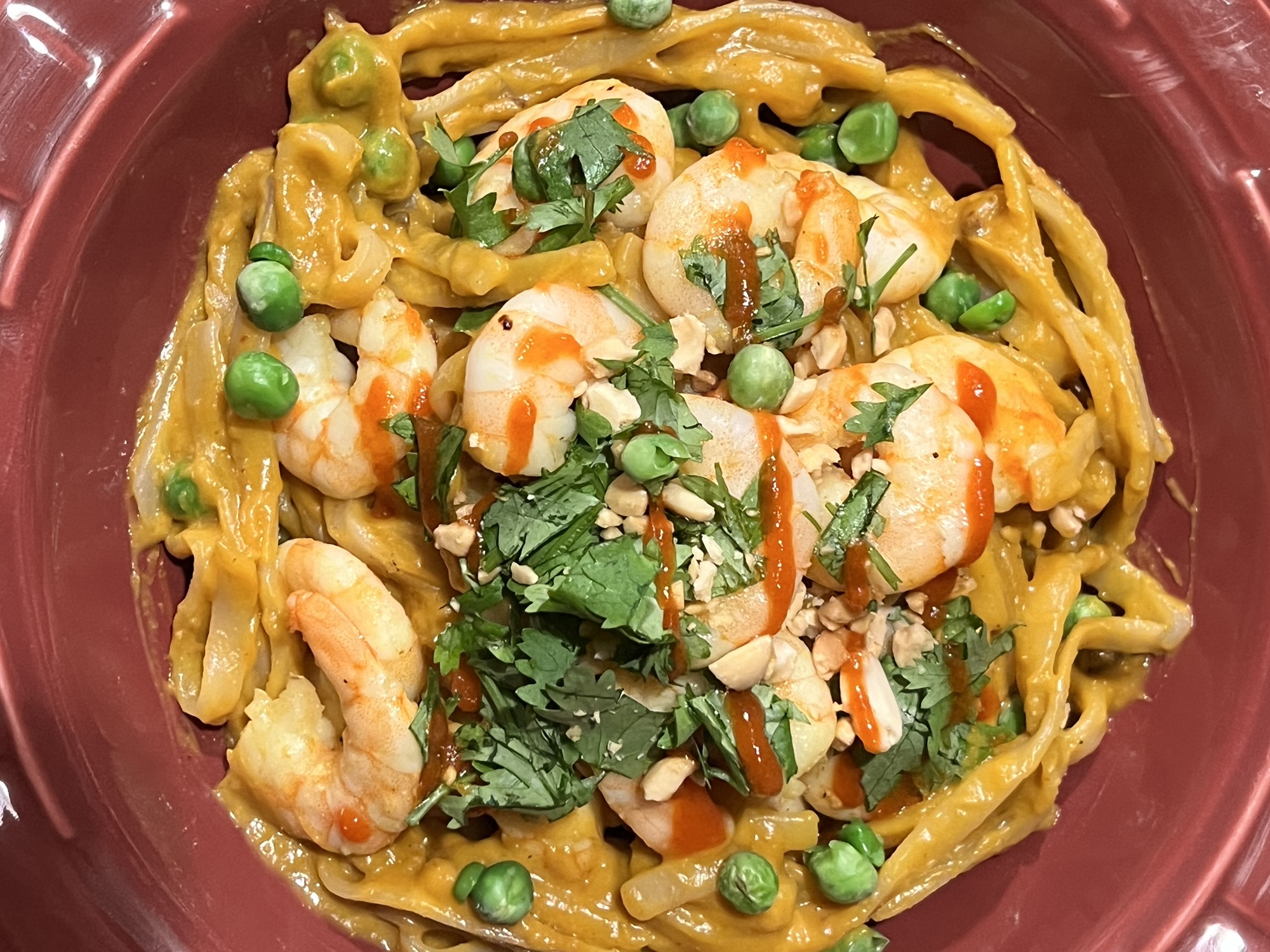 Curried Pumpkin Goat Cheese Peanut Shrimp Noodles