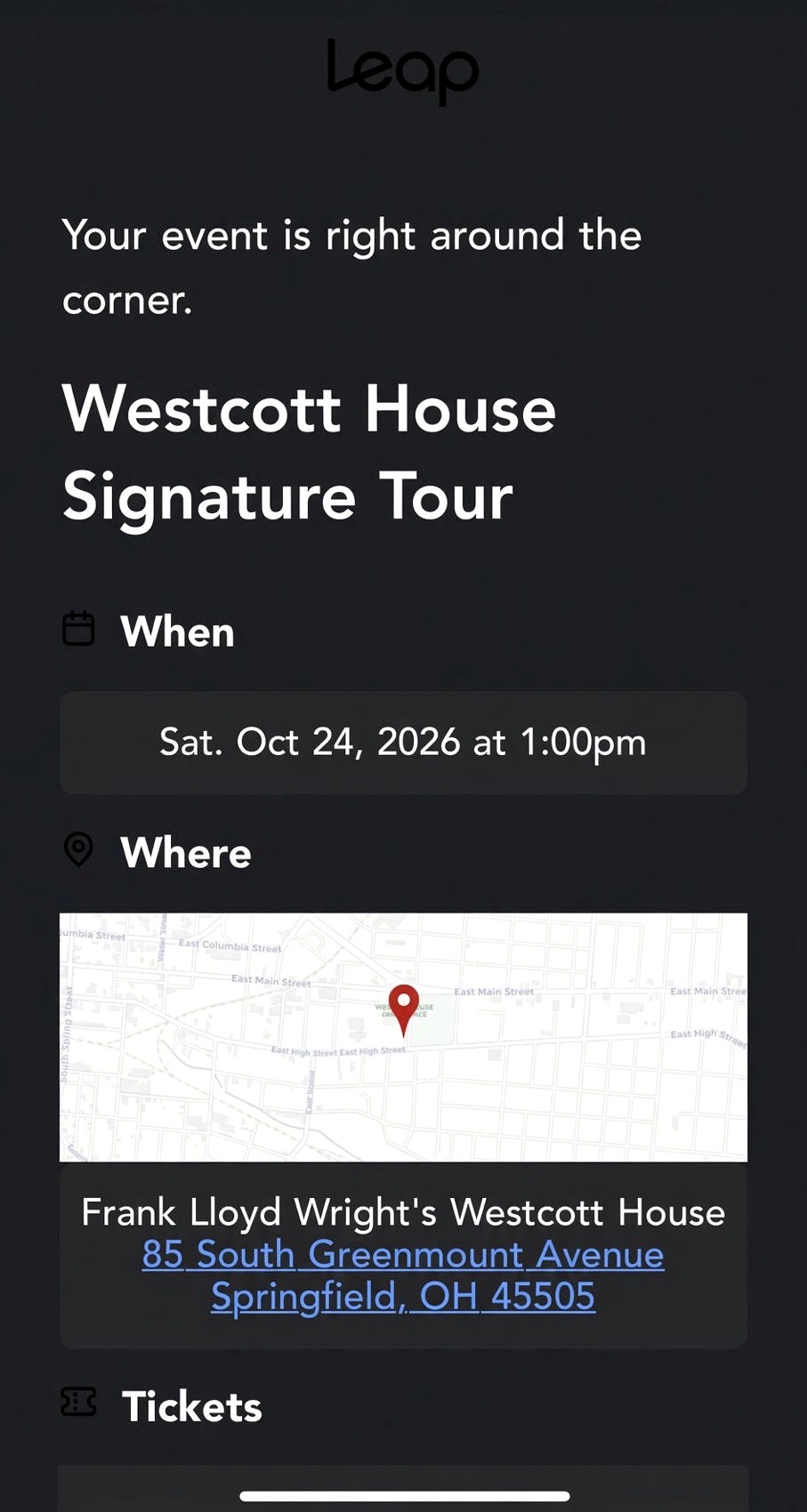 Westcott House Signature Tour appointment on a Skylight Calendar screen