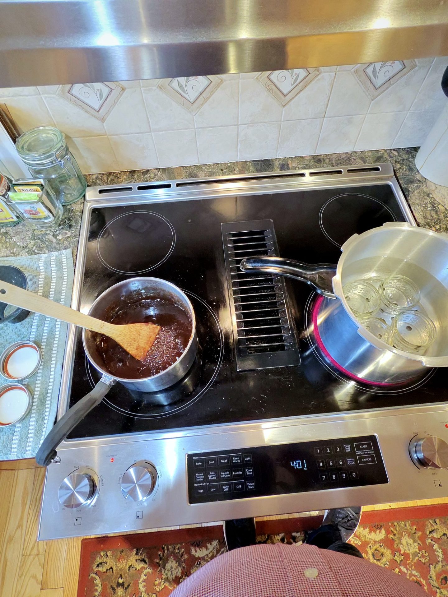 Canner and apple butter pot working on the stovetop