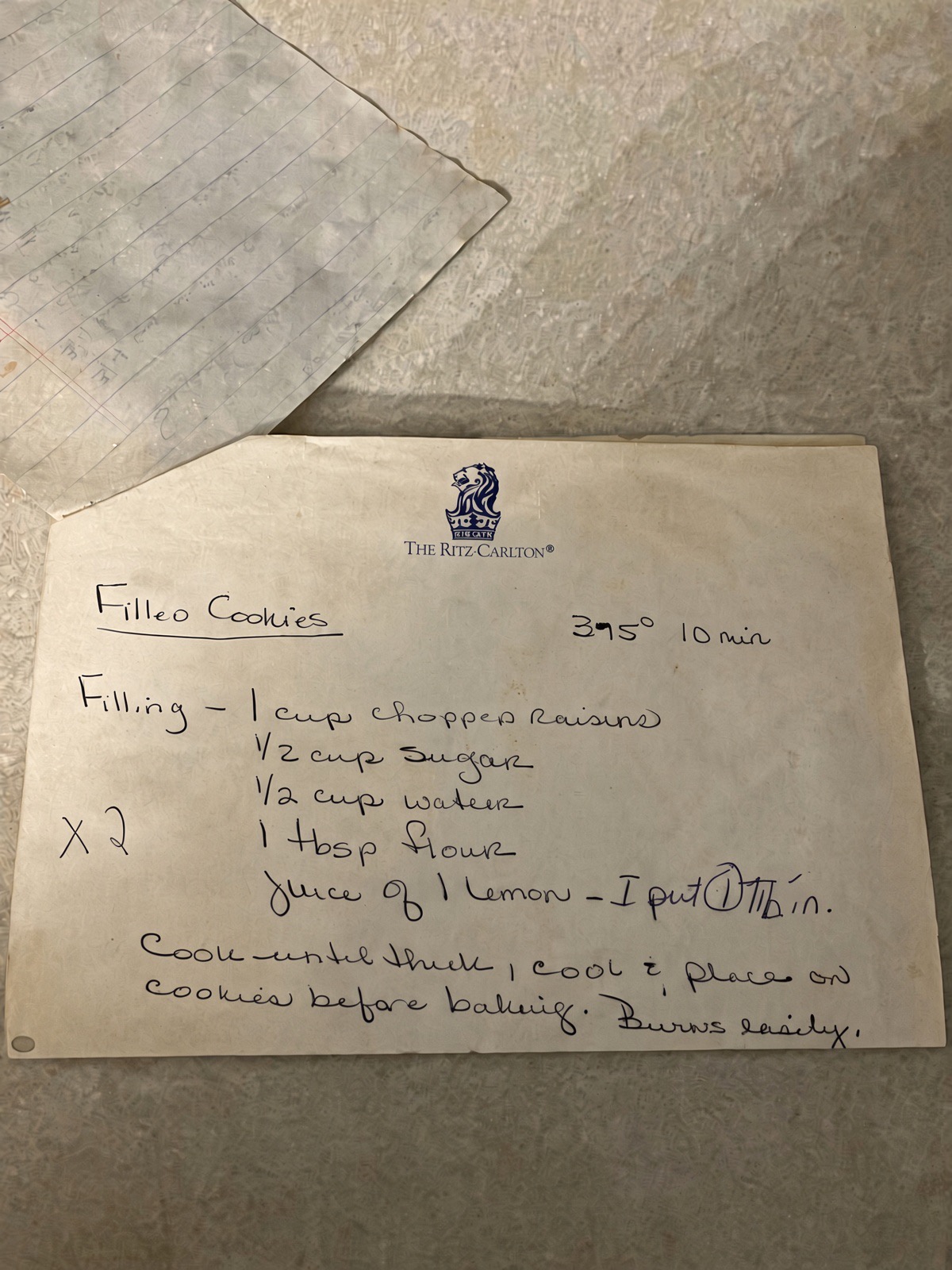Mom's handwritten filled cookies recipe card
