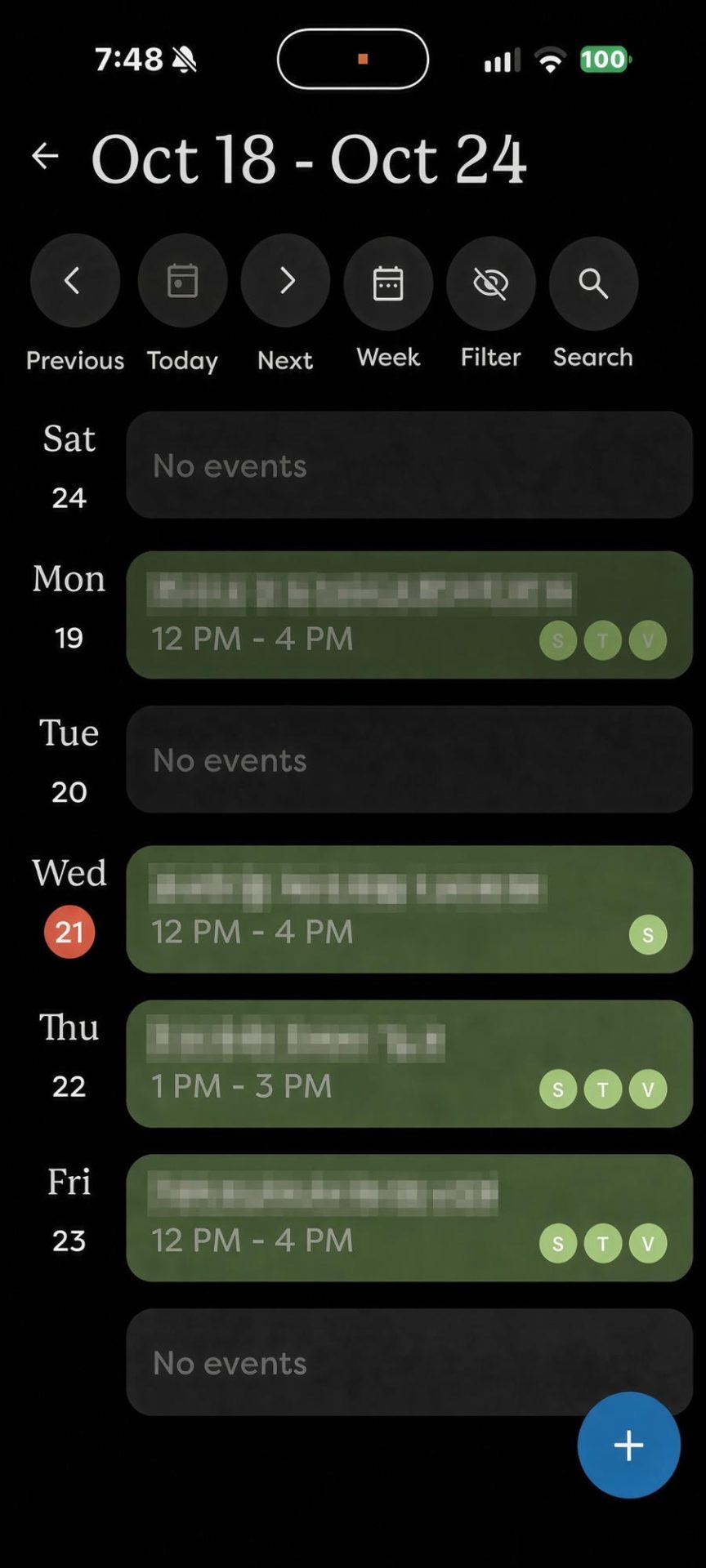 Skylight app week view from October 18 to 24 with afternoon events color-coded by profile, event titles blurred for privacy