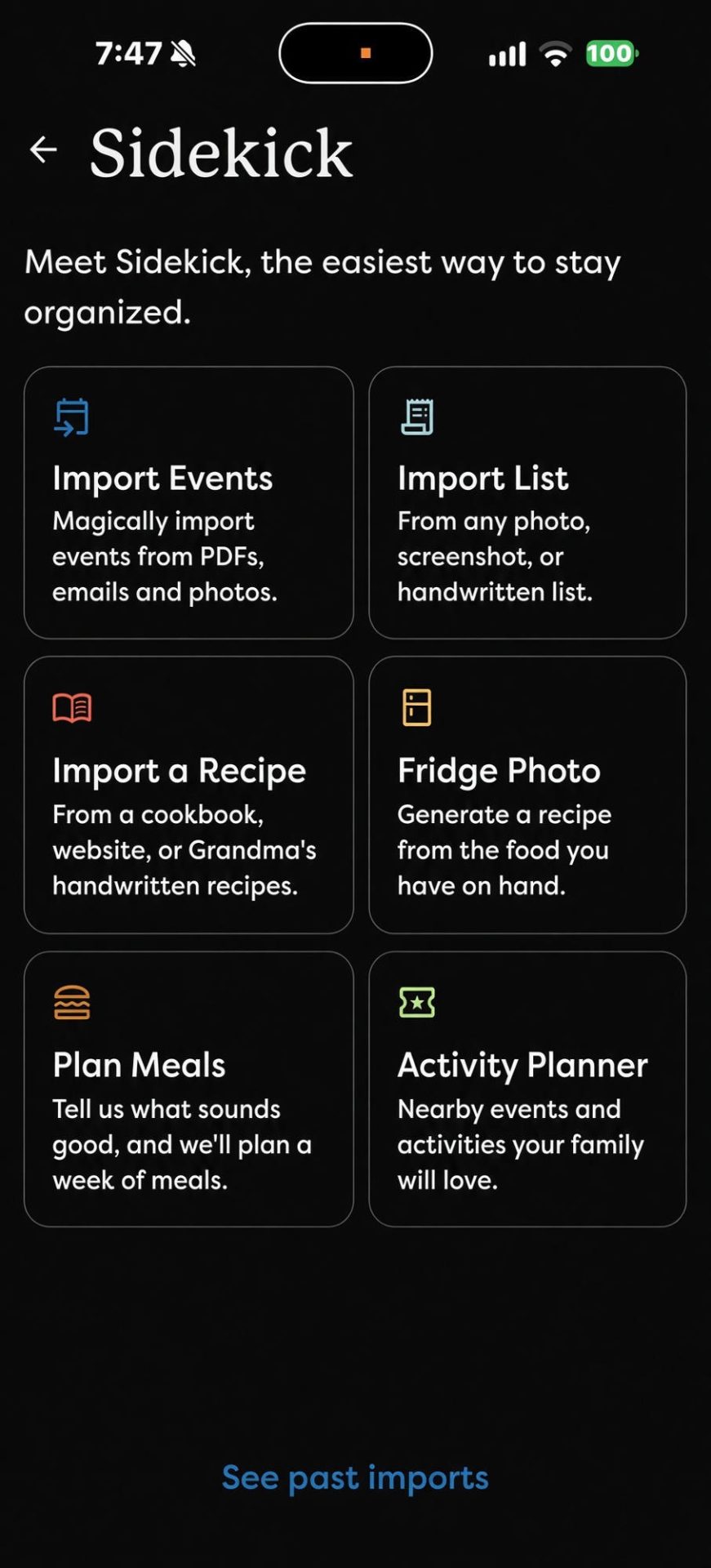 Skylight Sidekick screen with options to import events, import a list, import a recipe, make a recipe from a fridge photo, plan meals and find activities