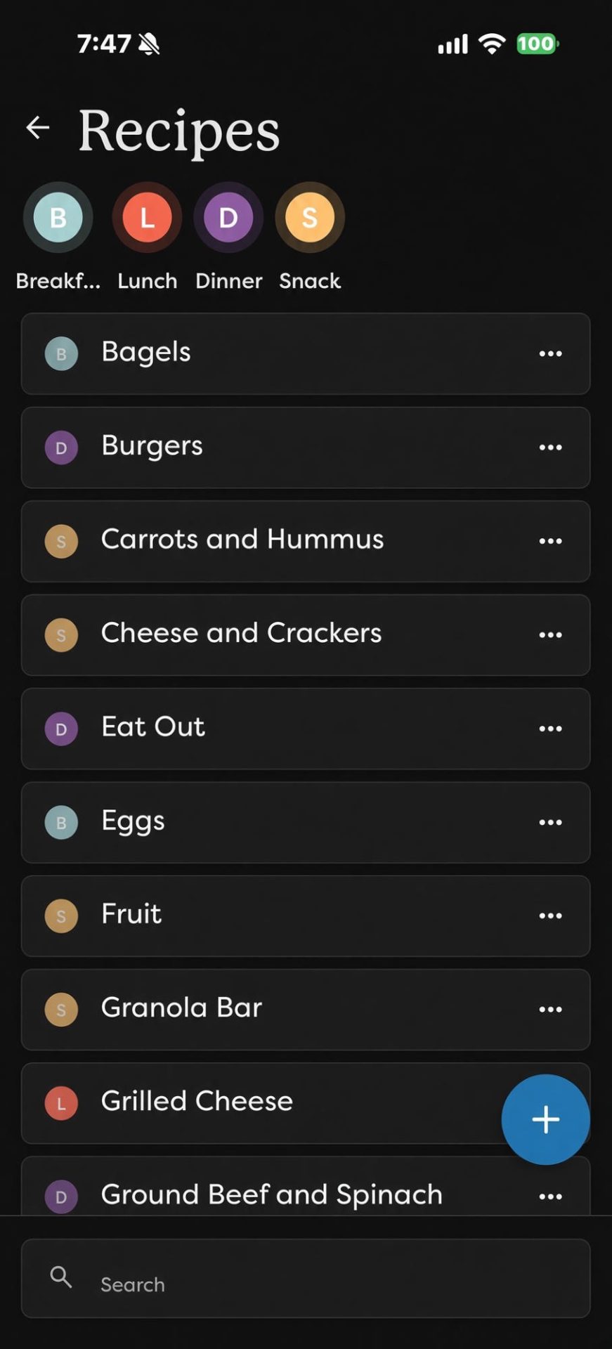 Skylight app recipe list with simple meals like bagels, burgers, grilled cheese, eggs and fruit sorted by meal type