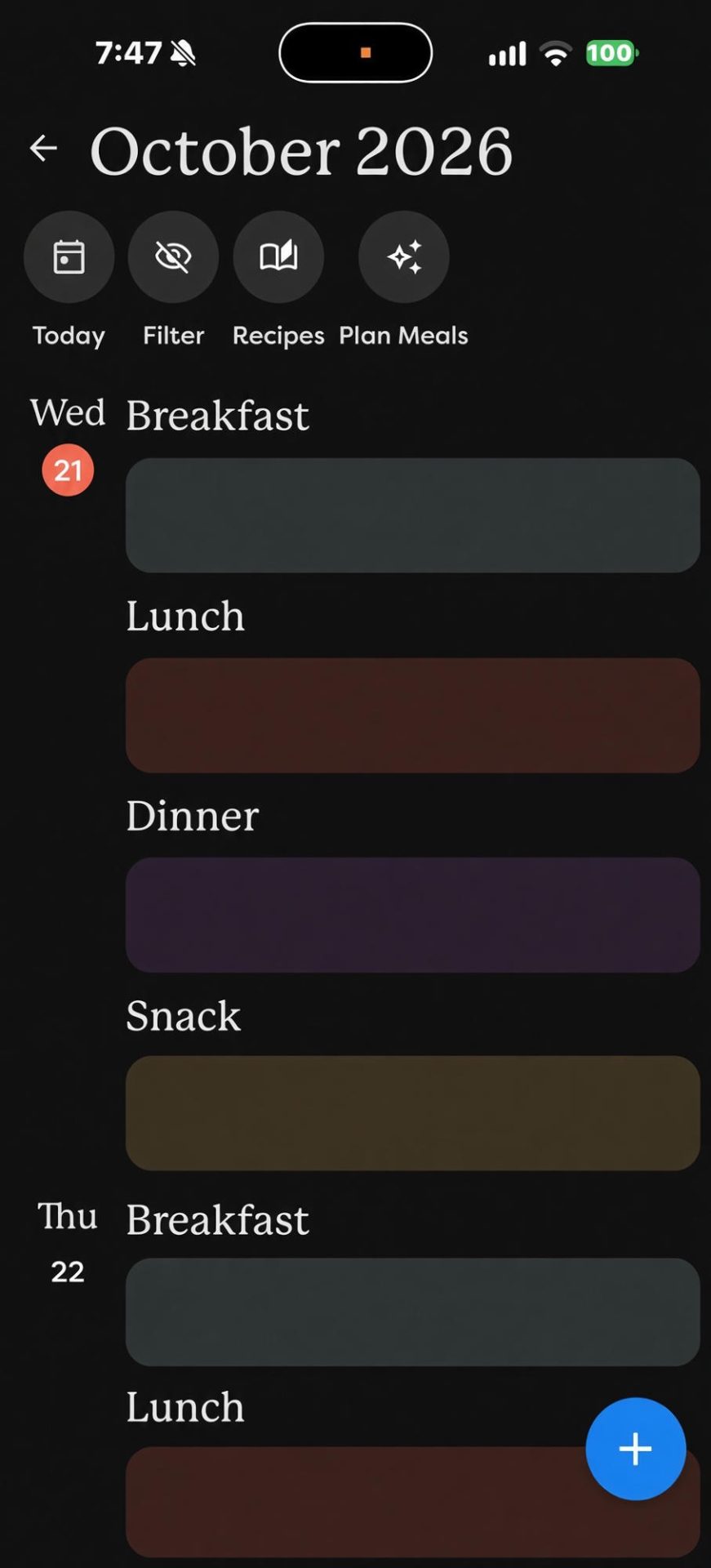 Skylight app meal plan for October 2026 with breakfast, lunch, dinner and snack slots for each day