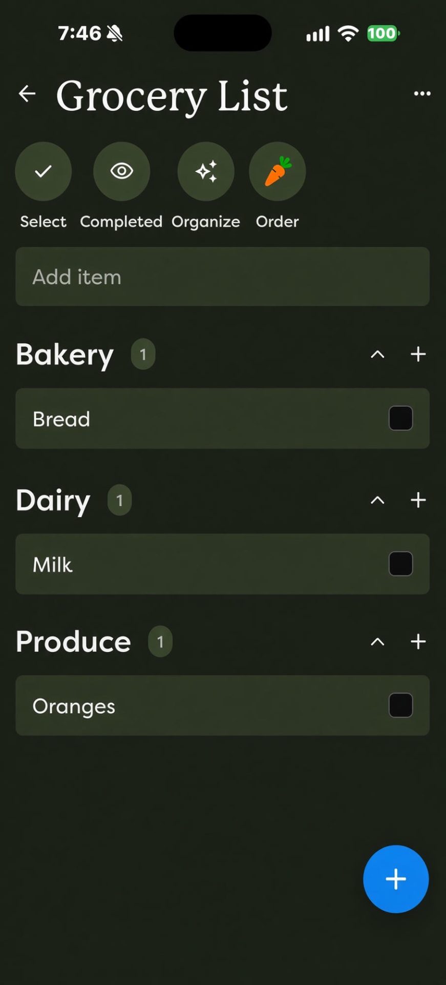 Skylight grocery list after organizing, sorted into Bakery, Dairy and Produce sections