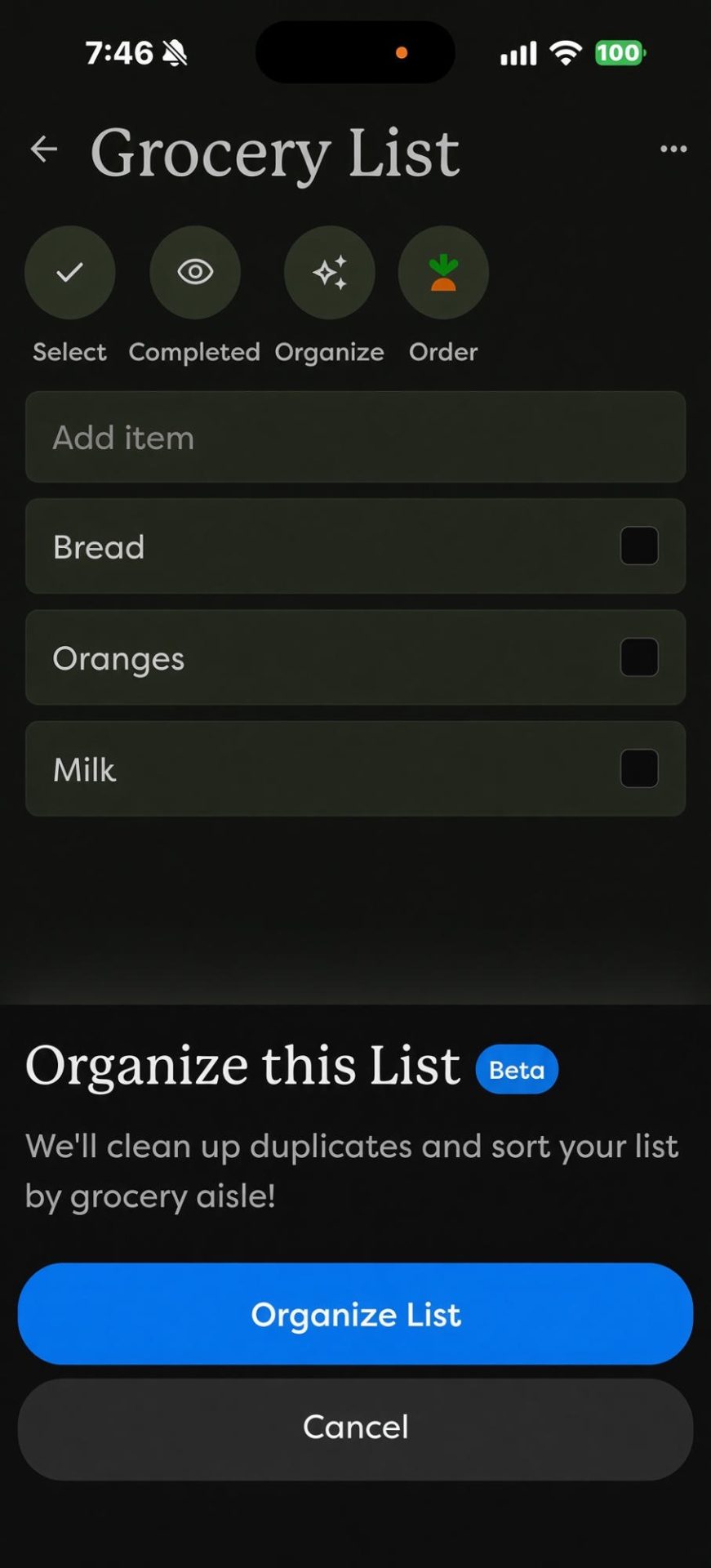 Skylight grocery list with bread, oranges and milk, and a pop-up offering to organize the list by grocery aisle