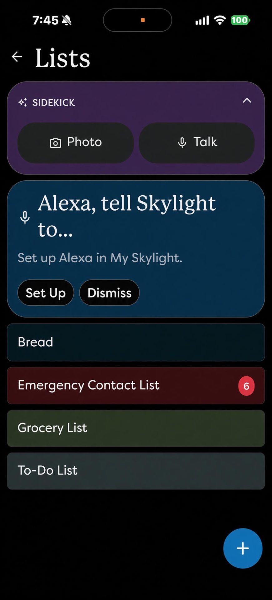Skylight app Lists screen showing a Sidekick photo and talk bar, an Alexa setup prompt, and lists named Bread, Emergency Contact List, Grocery List and To-Do List