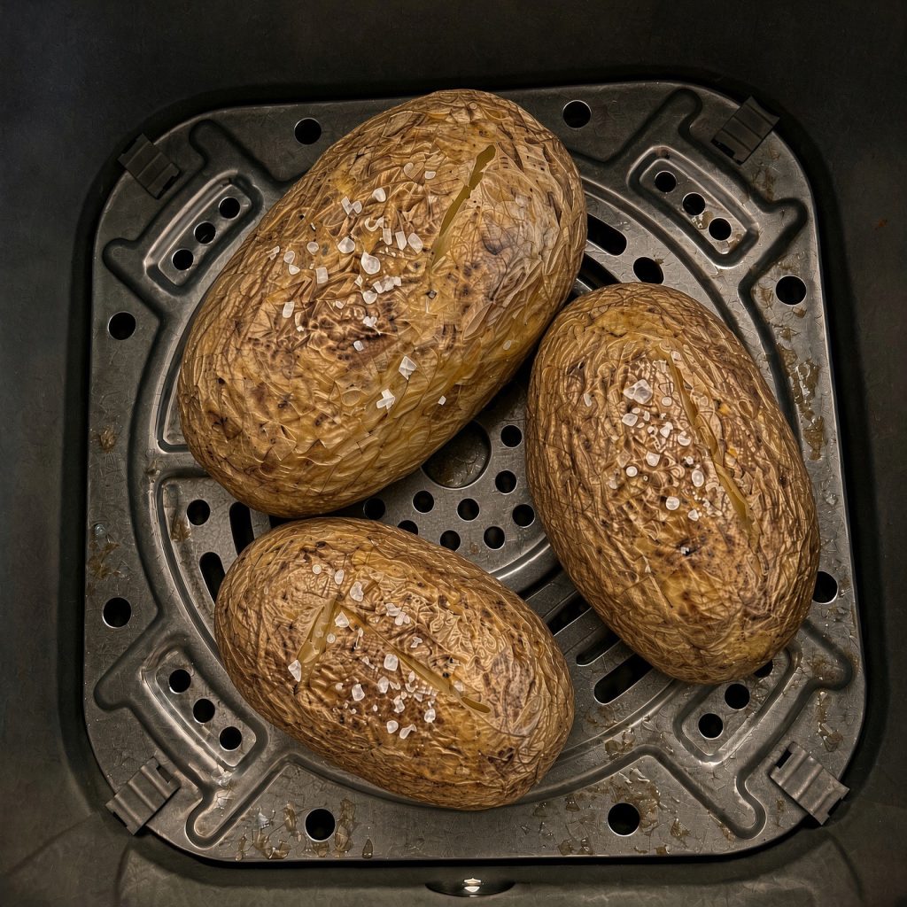 Three baked potatoes with flaky salt on the crisper plate in the Ninja Air Fryer Pro basket