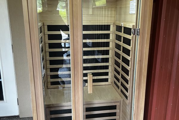 Kanlanth 2-person far infrared sauna fully assembled, front glass door view