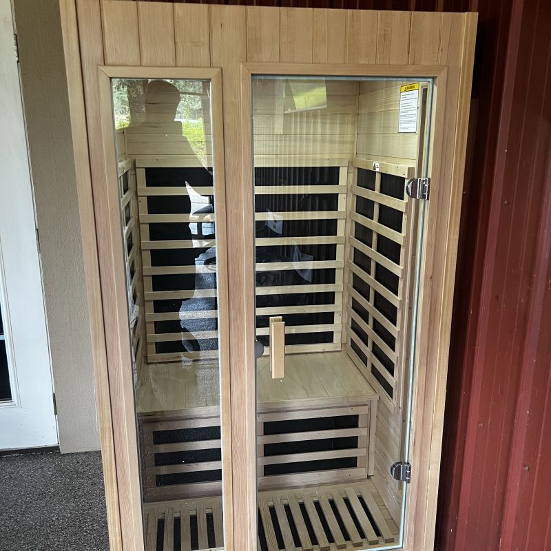 Kanlanth 2-person far infrared sauna fully assembled, front glass door view