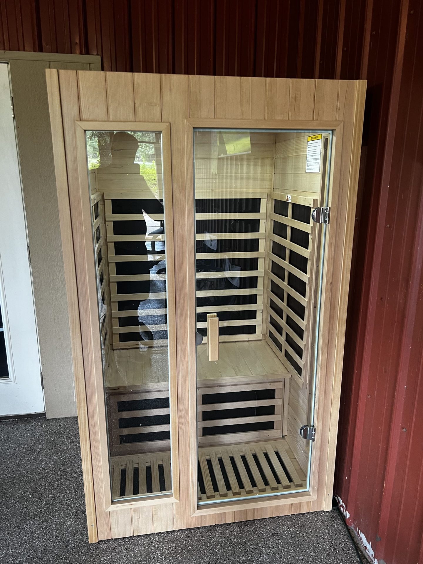 Kanlanth 2-person far infrared sauna fully assembled, front glass door view