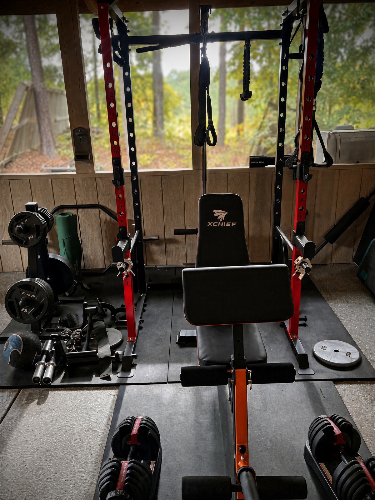 Pap Steve's home gym with a red power rack, adjustable bench and dumbbells