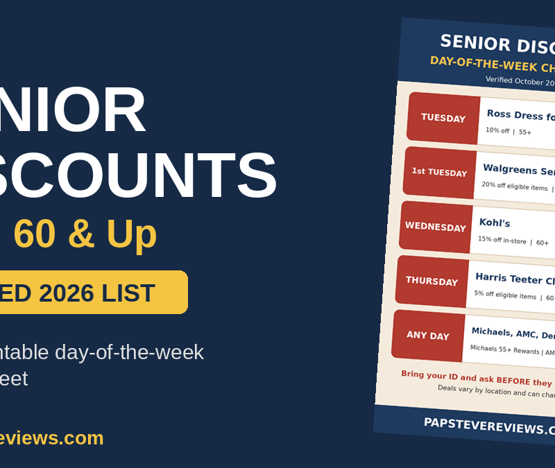 Senior discounts at 55, 60 and up, verified 2026 list with cheat sheet